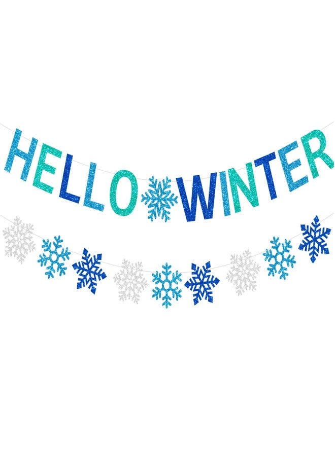 PTFNY Glittery Hello Winter Banner White Blue Snowflake Banner Winter Wonderland Baby Shower Decorations Christmas Winter Holiday Party Decorations - Image 1